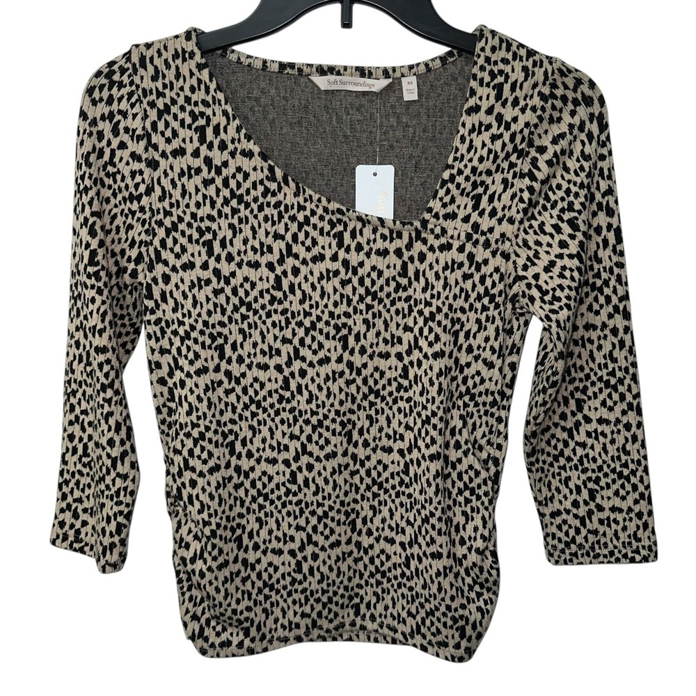 Soft Surroundings Anesha Leopard Print 3/4 Sleeve Top‎ Women's Size XS Ruching